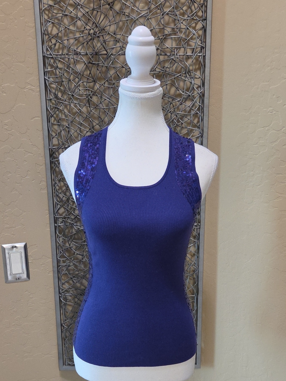 Alice + Olivia Deep Purple Ribbed Tank with Side & Shoulder Sequin Trim